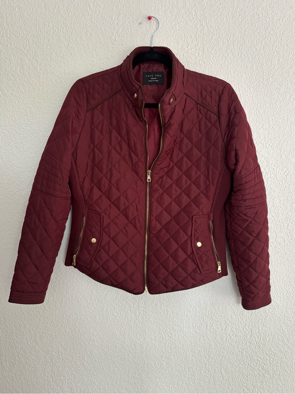 Love Tree Quilted Burgundy Puffer Jacket with Gold Hardware